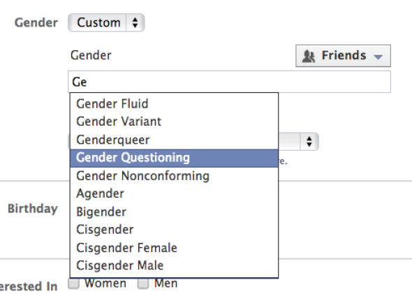 Facebook, a social network with millions of users, allows basic non-binary genders if you can guess the terms they support. Image from [Will Oremus's article](http://www.slate.com/blogs/future_tense/2014/02/13/facebook_custom_gender_options_here_are_all_56_custom_options.html).