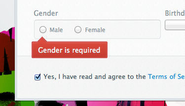 Imagine you are a person that does not fall cleanly into one of these two categories. You are now presented with a bright red flag that will not let you continue until you choose. How would you feel? (Image is rdio's registration and courtesy of @carols10cents)