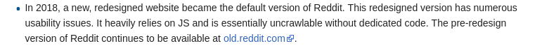 Using a JavaScript front-end can thwart simple forms of automated archival. From [ArchiveTeam's Reddit wiki page](https://archiveteam.org/index.php?title=Reddit).